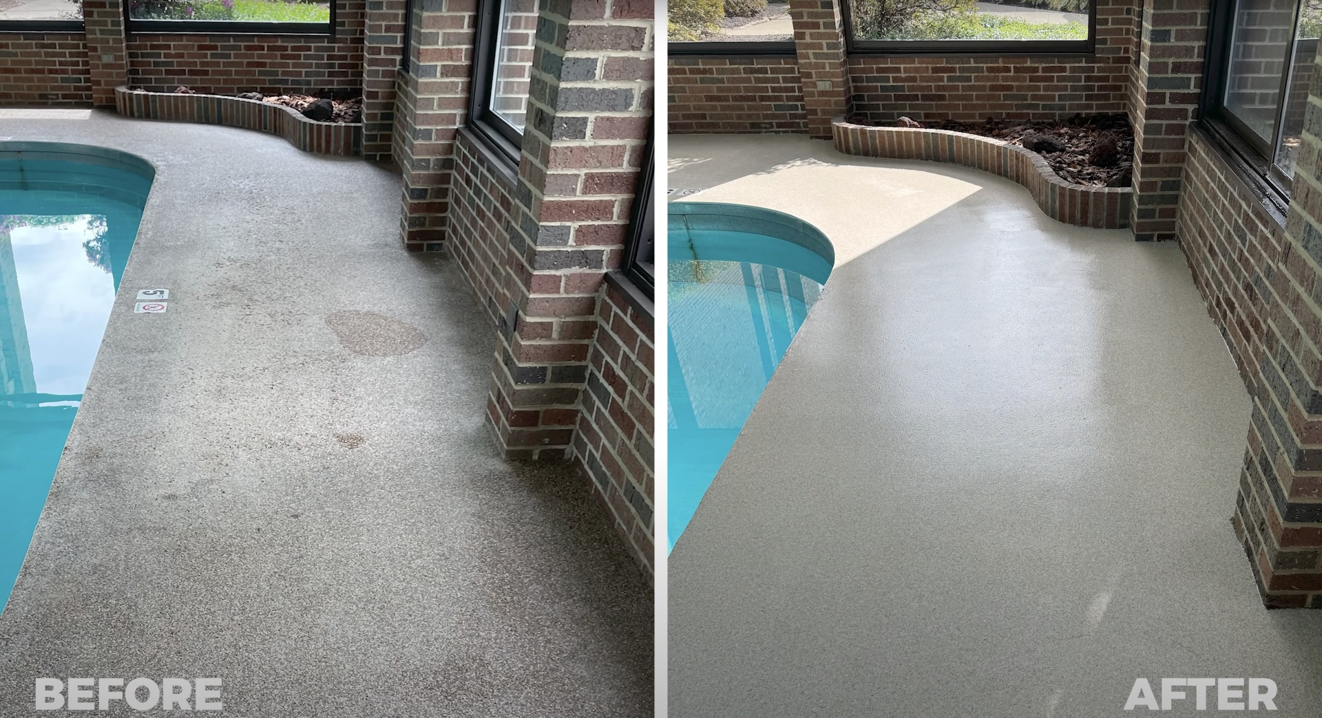 Pool deck concrete resurfacing - before and after comparison Before and after concrete pool deck resurfacing showing transformation